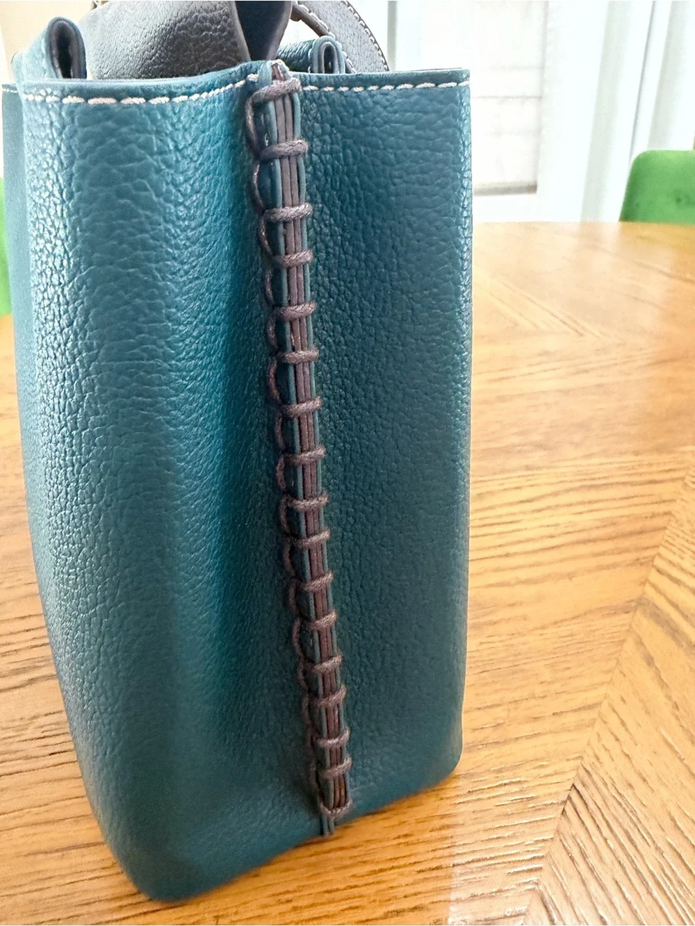 Chala Teal and Brown Leather Top-Handle Bag and Peacock Charm Purse